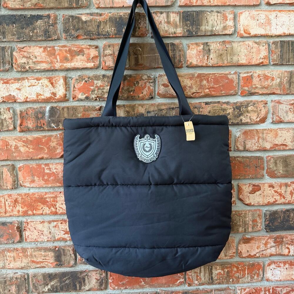 Pink Victoria's Secret NEW Puffer Tote Bag Black Shoulder Bag Casual Carryall